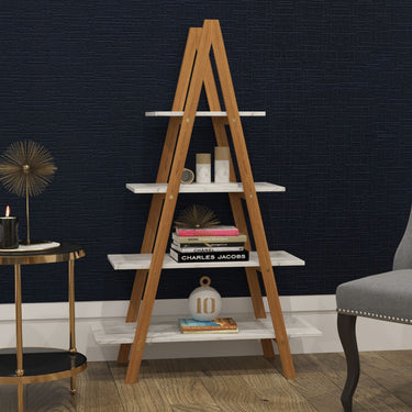 A shot of a wooden ladder bookshelf unit in a home background