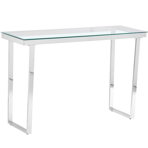 Clear Glass Console Table with Mirrored Finish Chrome Reverse Trapezium Legs