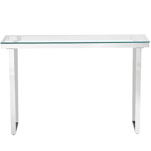 Clear Glass Console Table with Mirrored Finish Chrome Reverse Trapezium Legs