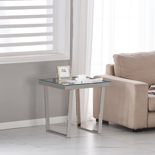 Clear Glass Side Table with Mirrored Finish Chrome Reverse Trapezium Legs