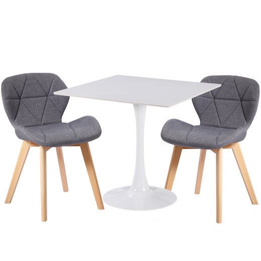 Two gray fabric chairs on a white ceramic coated table on a white background