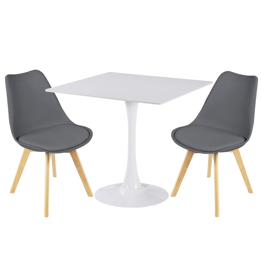 Two gray PU leather chairs on a white ceramic coated table on a white background