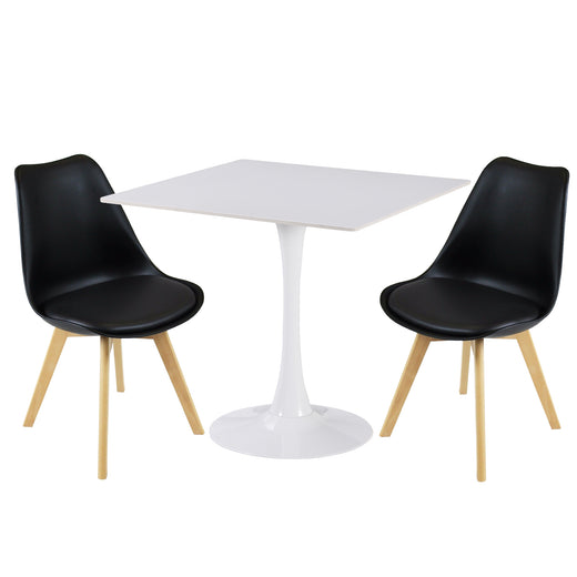 Two black PU leather chairs and a white ceramic coated table on a white background