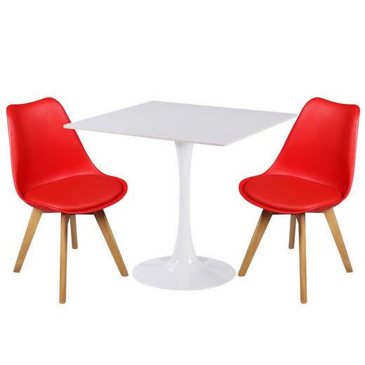 Two red PU leather chairs and a white ceramic coated table on a white background