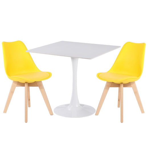 Two yellow PU leather chairs and a white ceramic coated table on a white background