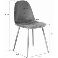 Thumbnail for A gray velvet chair on a white background, showcasing the dimesions