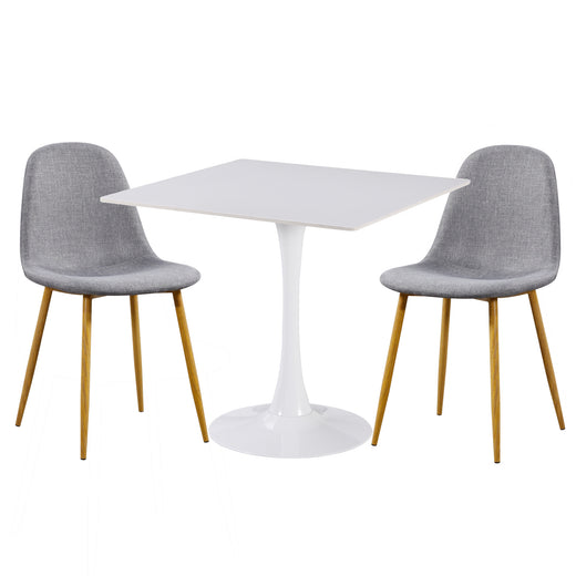 Two gray fabric chairs on a white ceramic coated table on a white background