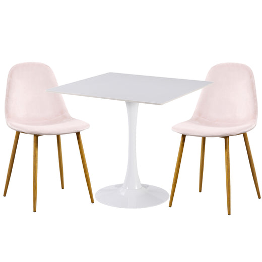 Two pink fabric chairs on a white ceramic coated table on a white background