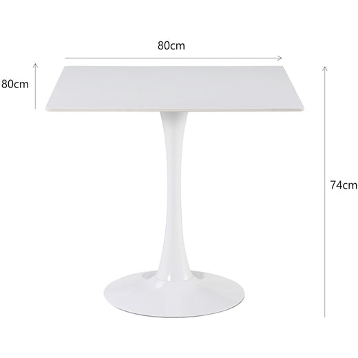A white ceramic coated table on a white background, showcasing the dimensions