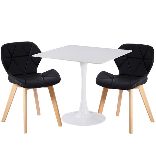 Two black fabric chairs and a white ceramic table on a white background