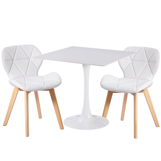 Two white fabric chairs and a white ceramic table on a white background