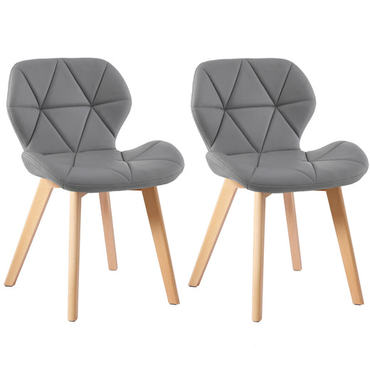 Two grey fabric chairs on a white background