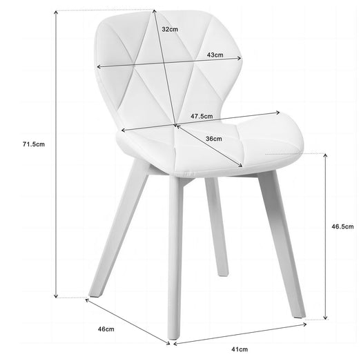 A white fabric chair on a white background, showcasing the dimesions
