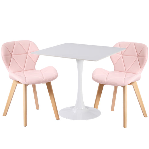 Two pink fabric chairs and a white ceramic coated table on a white background