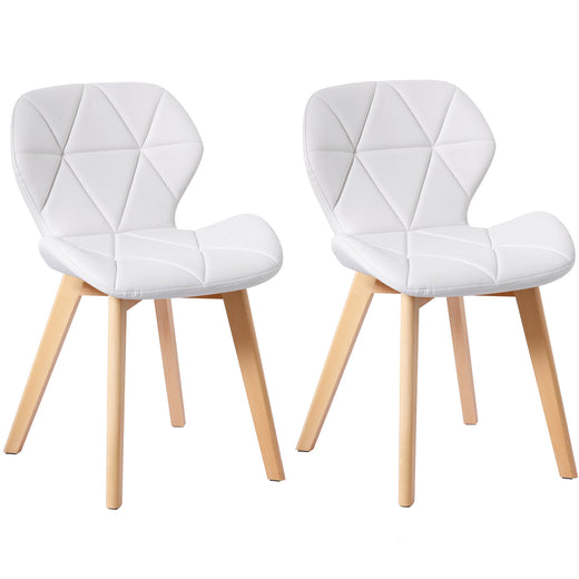 Two white fabric chairs on a white background