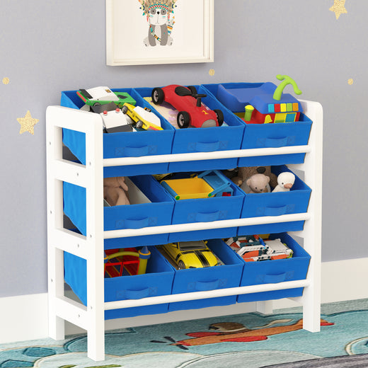 3 Tier Toy Storage Unit with 9 Fabric Boxes for Kids Bedroom