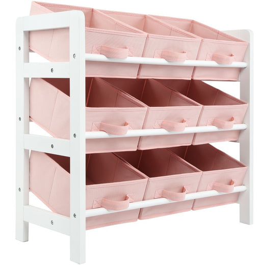 3 Tier Toy Storage Unit with 9 Fabric Boxes for Kids Bedroom