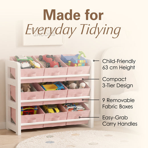 3 Tier Toy Storage Unit with 9 Fabric Boxes for Kids Bedroom