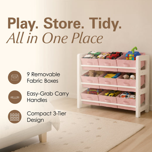 3 Tier Toy Storage Unit with 9 Fabric Boxes for Kids Bedroom