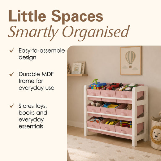 3 Tier Toy Storage Unit with 9 Fabric Boxes for Kids Bedroom