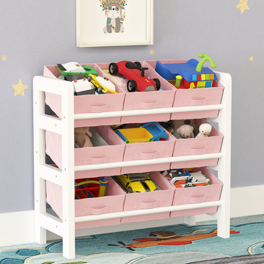 3 Tier Toy Storage Unit with 9 Fabric Boxes for Kids Bedroom