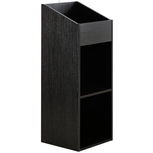 A black oak effect vinyl storage unit, showcasing some items stored inside it, on a white background
