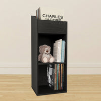 Thumbnail for A black oak effect vinyl storage unit, showcasing some items stored inside it, on a lifestyle background