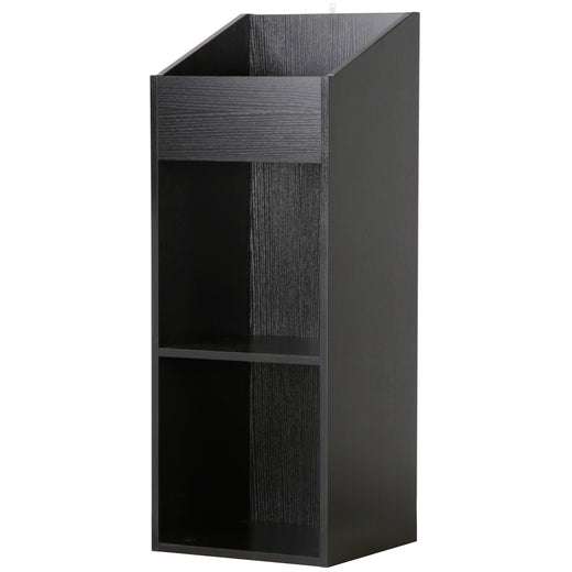 A black oak effect vinyl storage unit, showcasing some items stored inside it, on a white background
