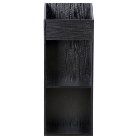 A black oak effect vinyl storage unit, showcasing some items stored inside it, on a white background