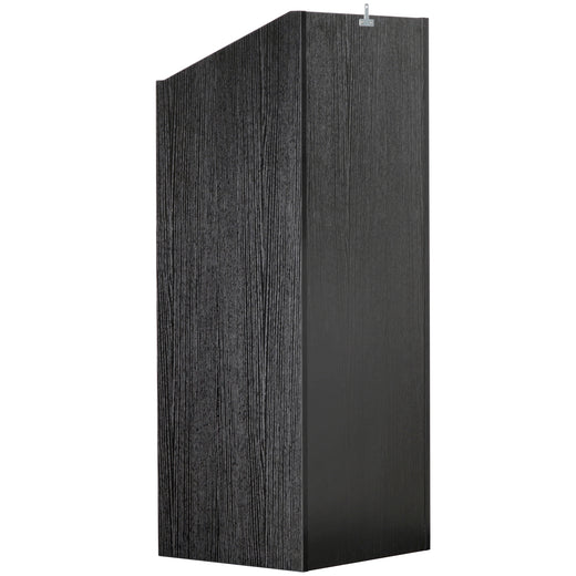 A black oak effect vinyl storage unit, showcasing some items stored inside it, on a white background