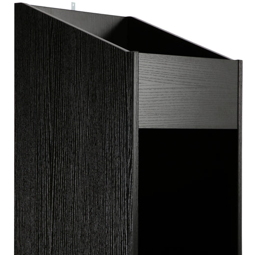 A black oak effect vinyl storage unit, showcasing some items stored inside it, on a white background