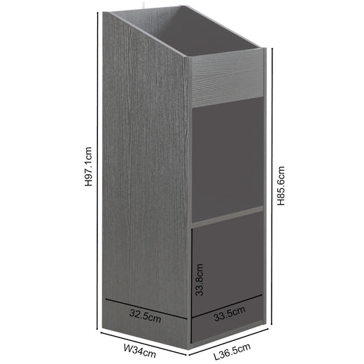 A black oak effect vinyl storage unit, showcasing some items stored inside it, on a white background
