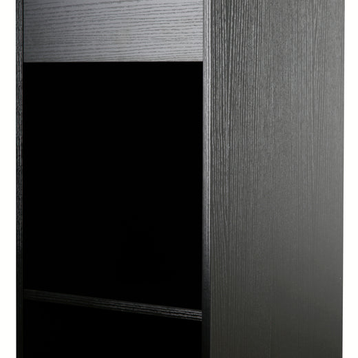 A black oak effect vinyl storage unit, showcasing some items stored inside it, on a white background