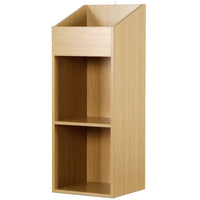 Thumbnail for An oak effect vinyl storage unit, showcasing some items stored inside it, on a white background
