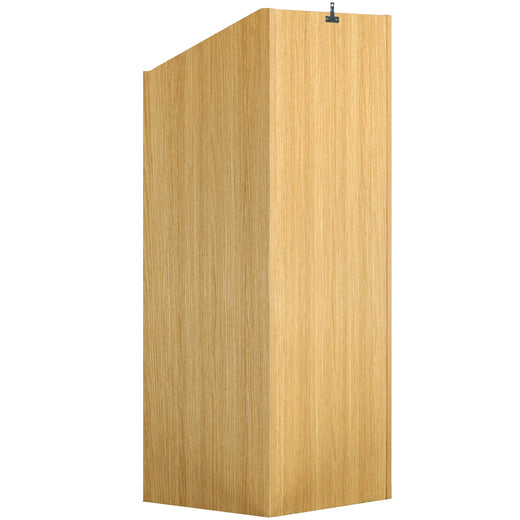 An oak effect vinyl storage unit, showcasing some items stored inside it, on a white background