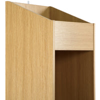 Thumbnail for An oak effect vinyl storage unit, showcasing some items stored inside it, on a white background