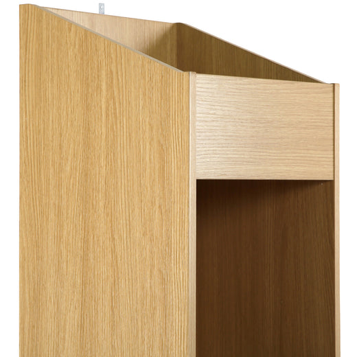 An oak effect vinyl storage unit, showcasing some items stored inside it, on a white background