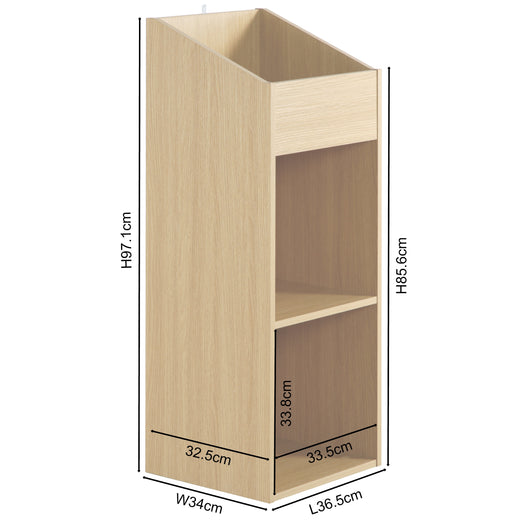 An oak effect vinyl storage unit, showcasing some items stored inside it, on a white background