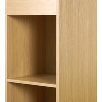 Thumbnail for An oak effect vinyl storage unit, showcasing some items stored inside it, on a white background