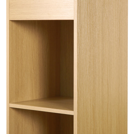 An oak effect vinyl storage unit, showcasing some items stored inside it, on a white background