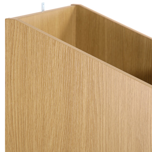 An oak effect vinyl storage unit, showcasing some items stored inside it, on a white background