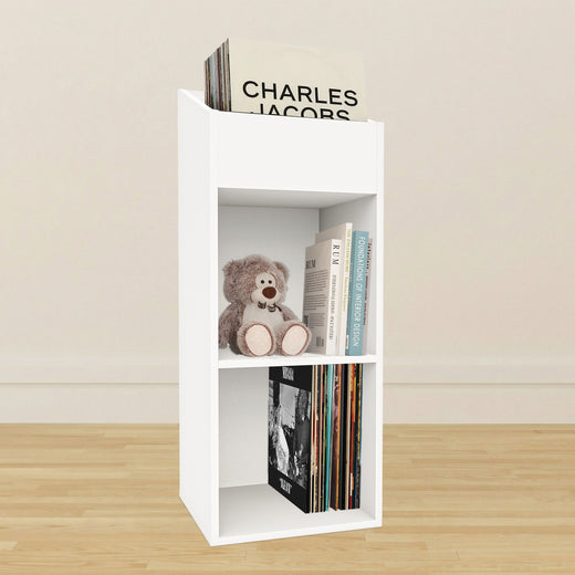 A white finish vinyl storage unit, showcasing some items stored inside it, on a lifestyle background