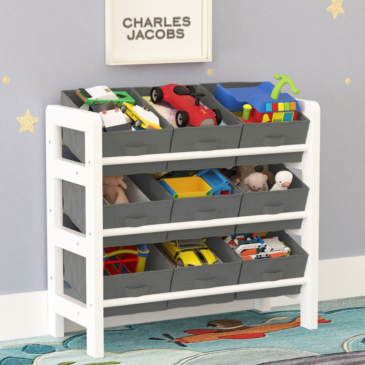 Blue Charles Jacobs 3 Tier Toy Storage Unit with 9 Fabric Boxes for Kids Bedroom 